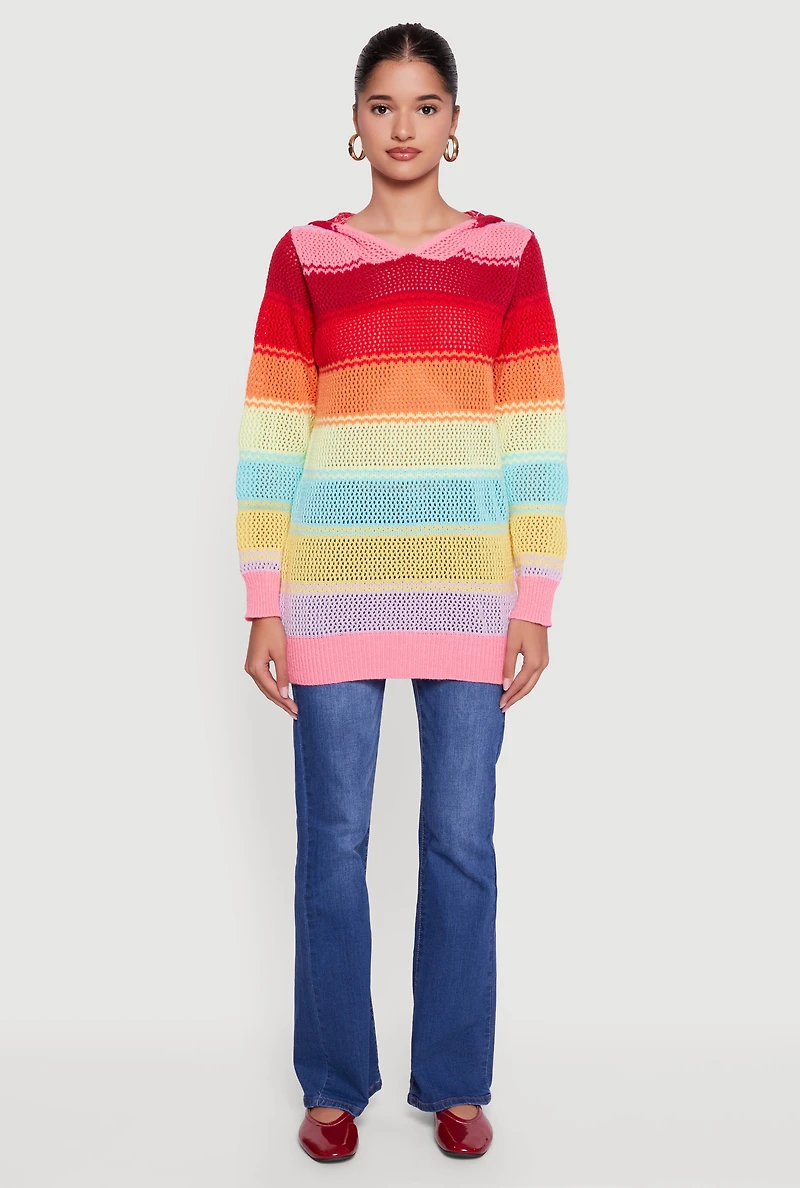 Womens Rainbow Striped Long Sleeve Pullover Hooded Sweater, Multi, Size L