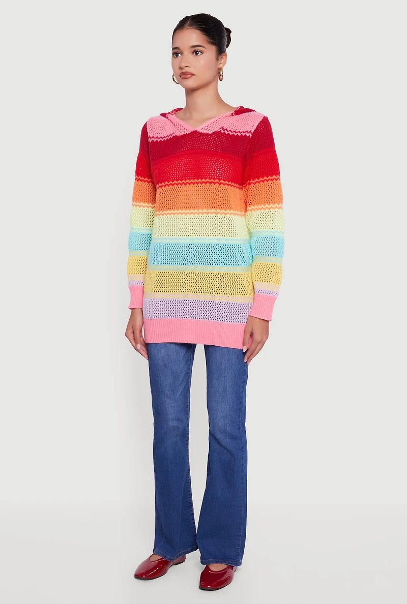 Womens Rainbow Striped Long Sleeve Pullover Hooded Sweater, Multi, Size L