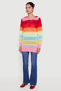 Womens Rainbow Striped Long Sleeve Pullover Hooded Sweater, Multi, Size L