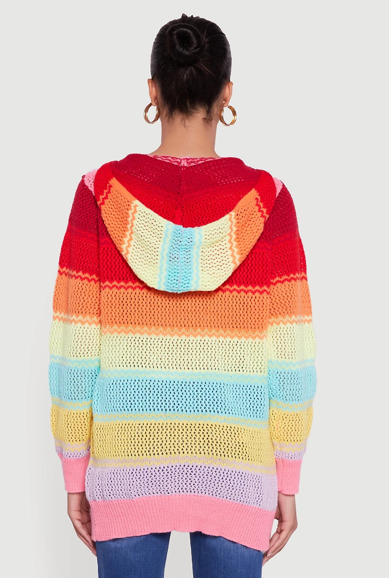 Womens Rainbow Striped Long Sleeve Pullover Hooded Sweater, Multi, Size L