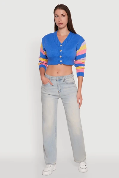 Womens Daisy Color Blocked Striped Sleeve Cropped Cardigan, Blue, Size M