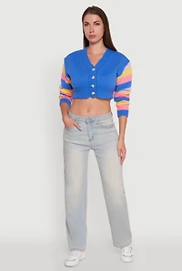Womens Daisy Color Blocked Striped Sleeve Cropped Cardigan, M