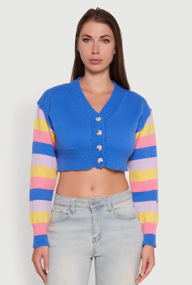 Womens Daisy Color Blocked Striped Sleeve Cropped Cardigan, M