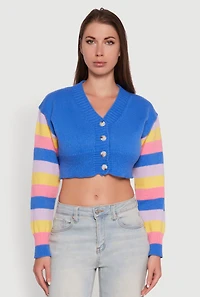 Womens Daisy Color Blocked Striped Sleeve Cropped Cardigan, M