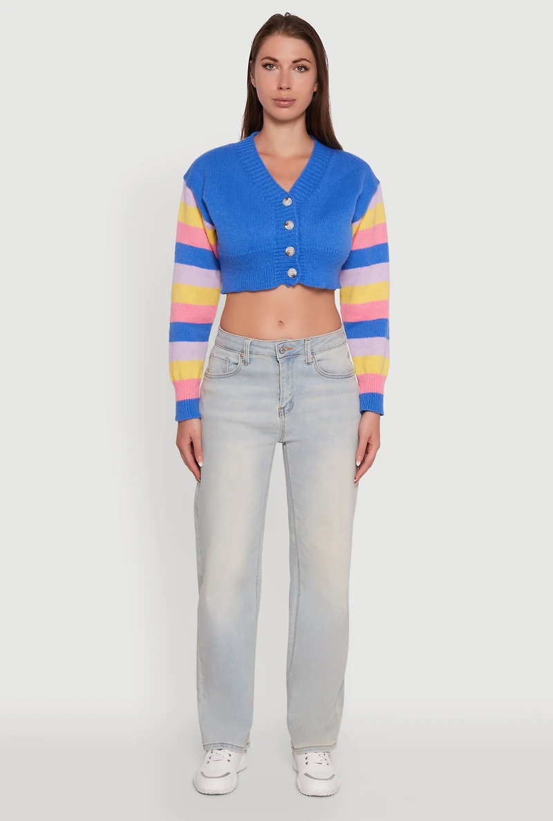 Womens Daisy Color Blocked Striped Sleeve Cropped Cardigan, M