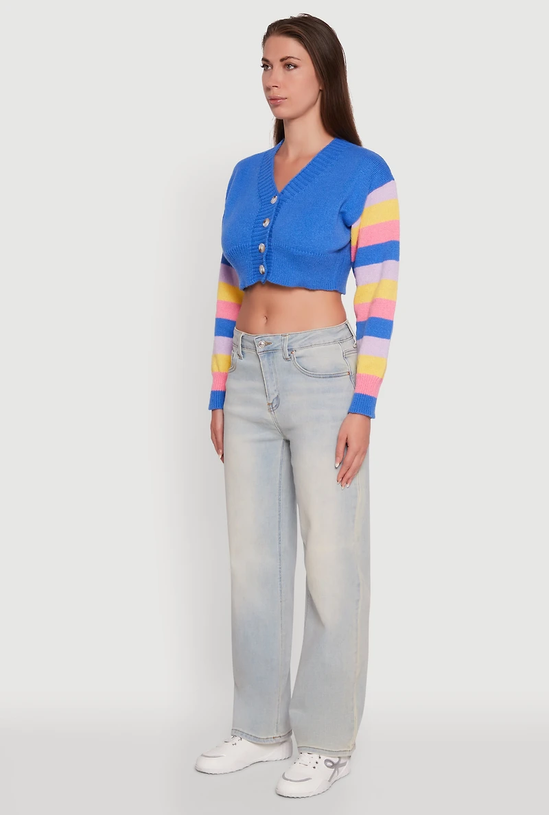 Womens Daisy Color Blocked Striped Sleeve Cropped Cardigan, M