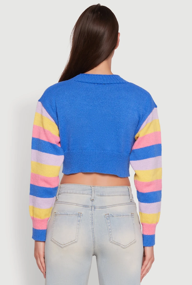 Womens Daisy Color Blocked Striped Sleeve Cropped Cardigan, M