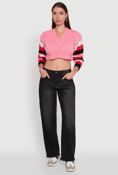 Womens Daisy Color Blocked Striped Sleeve Cropped Cardigan, Pink, Size M