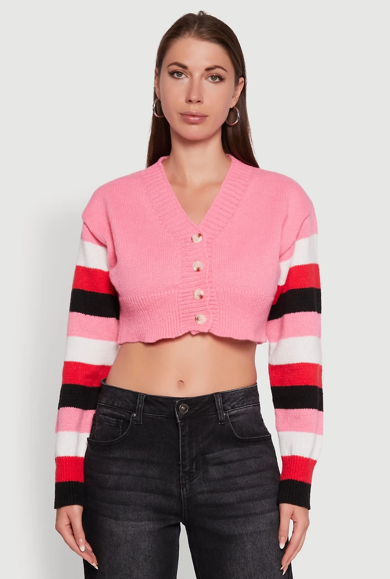 Daisy Color Blocked Striped Sleeve Cropped Cardigan