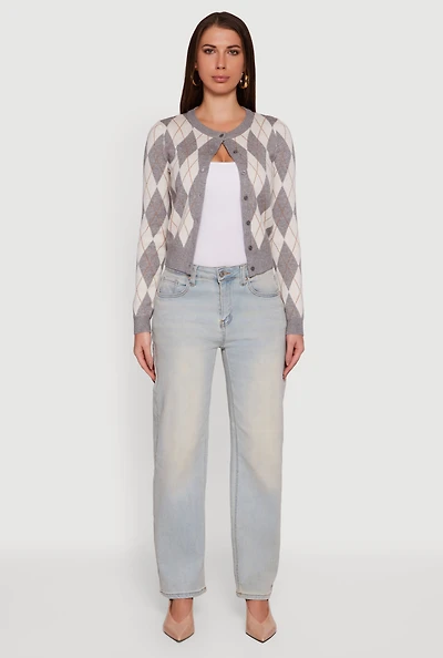 Womens Argyle Plaid Button Front Cardigan, Grey, Size M