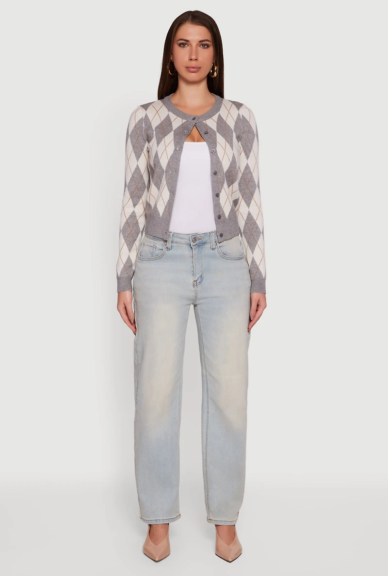 Womens Argyle Plaid Button Front Cardigan, Grey, Size L