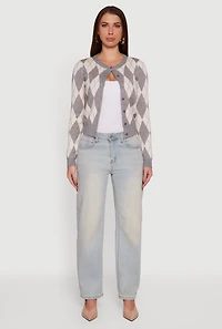 Womens Argyle Plaid Button Front Cardigan, Grey, Size L