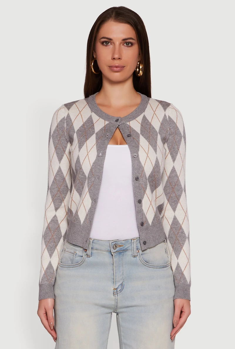 Argyle Plaid Button Front Cardigan