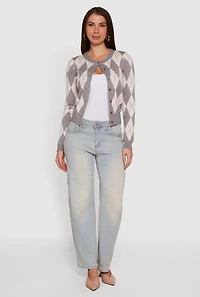 Womens Argyle Plaid Button Front Cardigan, Grey, Size L