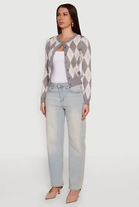 Womens Argyle Plaid Button Front Cardigan, Grey, Size L