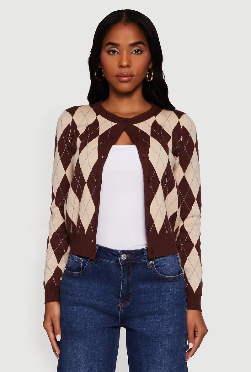Womens Argyle Plaid Button Front Cardigan,