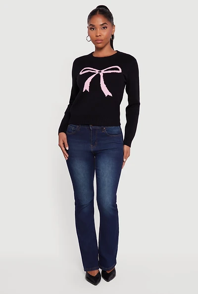 Bow Graphic Long Sleeve Crew Neck Sweater