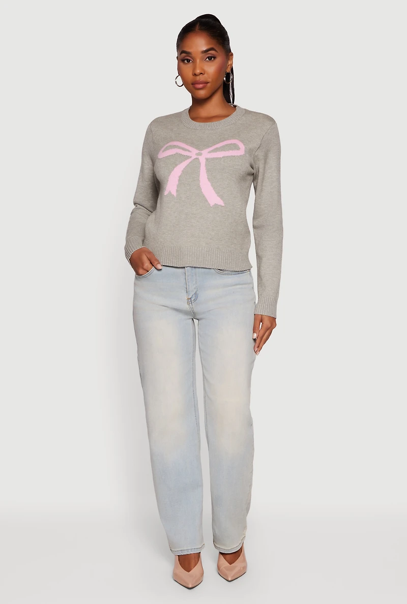 Womens Bow Graphic Long Sleeve Crew Neck Sweater,