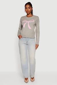 Womens Bow Graphic Long Sleeve Crew Neck Sweater,