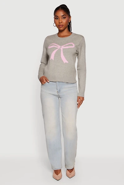 Womens Bow Graphic Long Sleeve Crew Neck Sweater,
