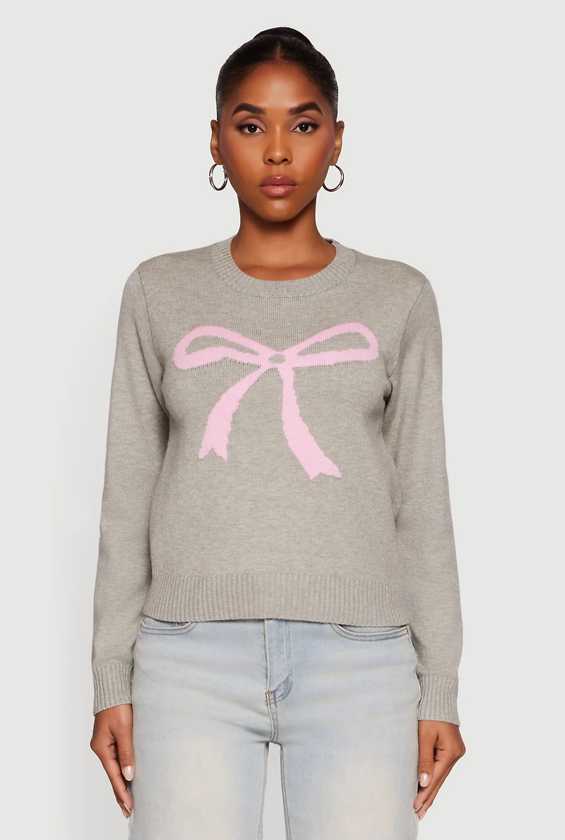 Womens Bow Graphic Long Sleeve Crew Neck Sweater, Grey, Size XL
