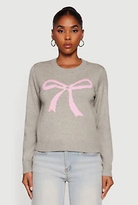 Womens Bow Graphic Long Sleeve Crew Neck Sweater, Grey, Size XL