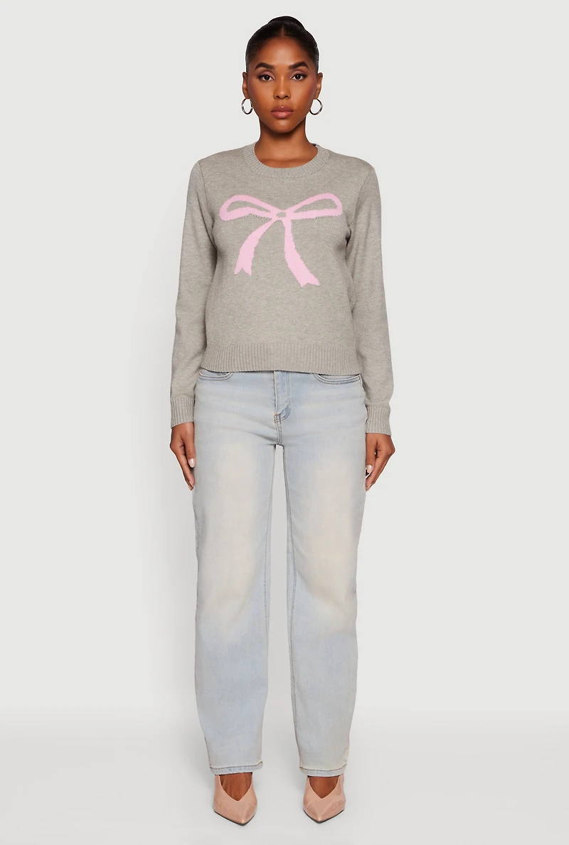 Womens Bow Graphic Long Sleeve Crew Neck Sweater, Grey, Size XL