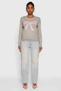 Womens Bow Graphic Long Sleeve Crew Neck Sweater, Grey, Size XL