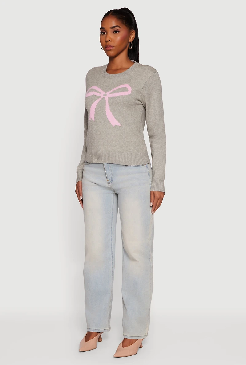 Womens Bow Graphic Long Sleeve Crew Neck Sweater, Grey, Size L