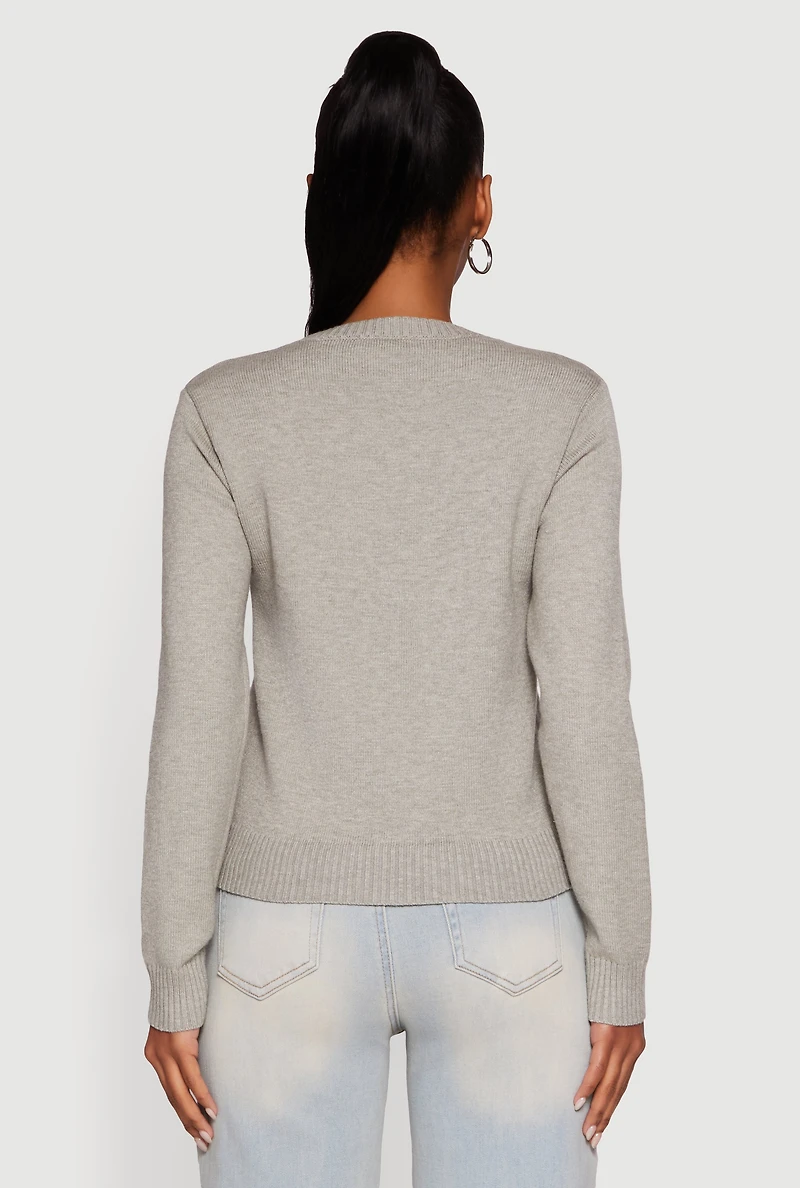 Womens Bow Graphic Long Sleeve Crew Neck Sweater, Grey, Size L