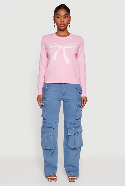Womens Bow Graphic Long Sleeve Crew Neck Sweater, Pink, Size XL