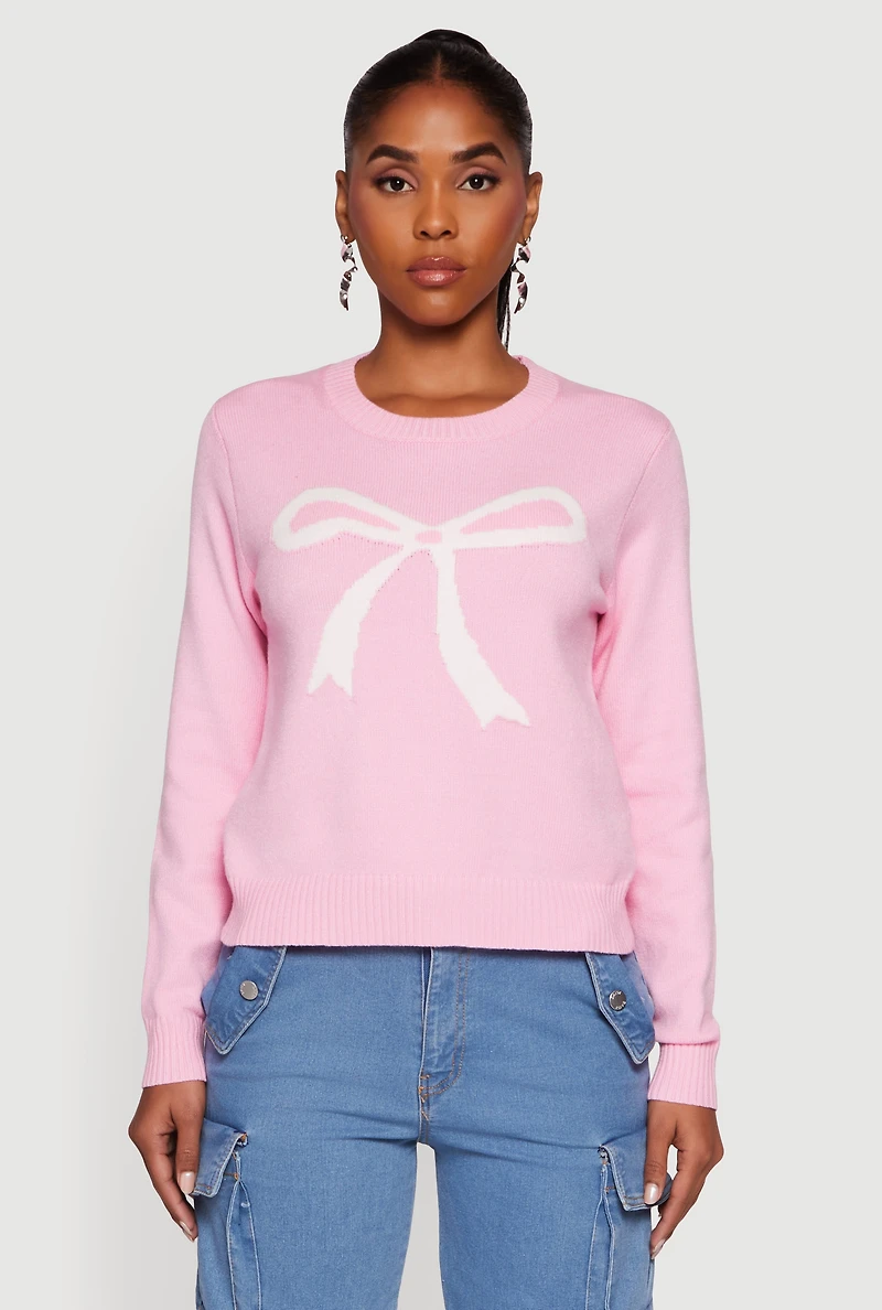 Womens Bow Graphic Long Sleeve Crew Neck Sweater, Pink, Size XL