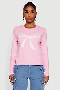 Womens Bow Graphic Long Sleeve Crew Neck Sweater, Pink, Size XL