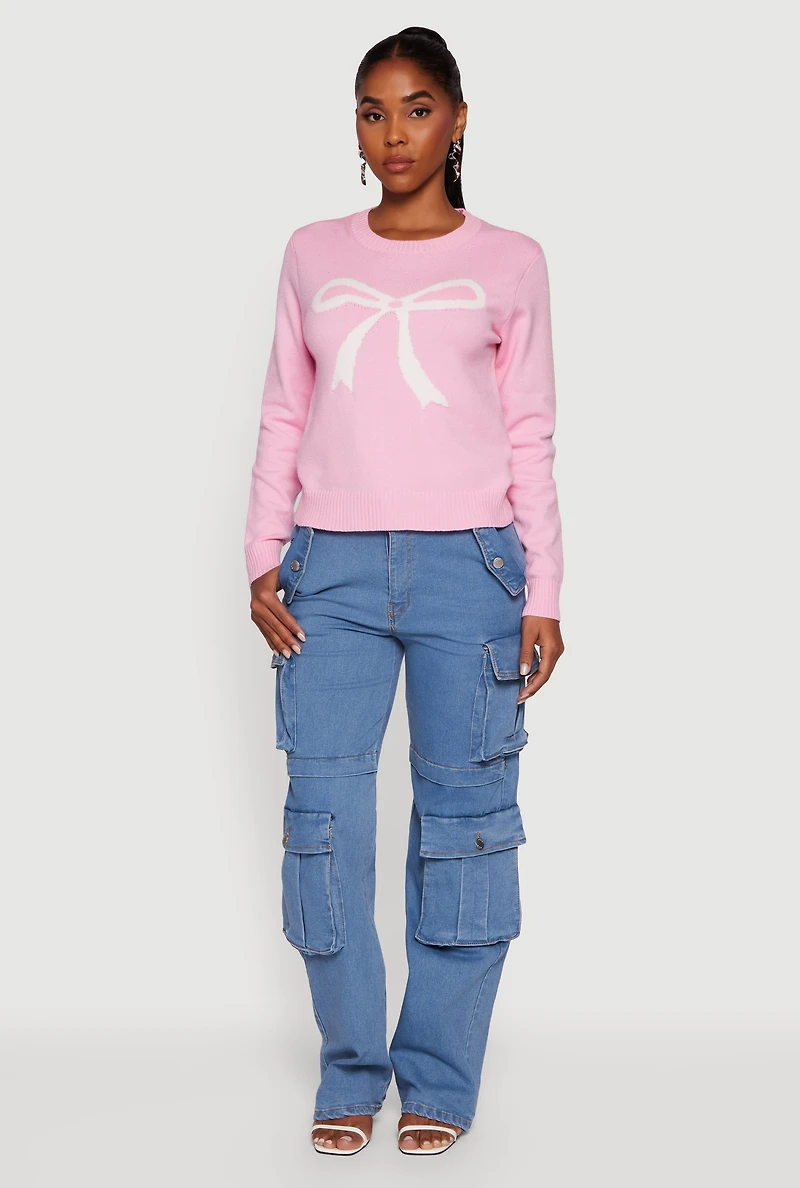 Womens Bow Graphic Long Sleeve Crew Neck Sweater, Pink,