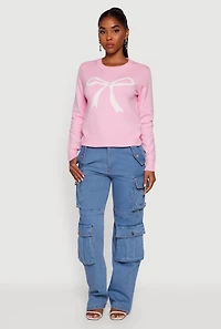 Womens Bow Graphic Long Sleeve Crew Neck Sweater, Pink,