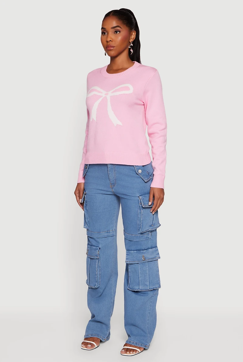 Womens Bow Graphic Long Sleeve Crew Neck Sweater, Pink, Size XL