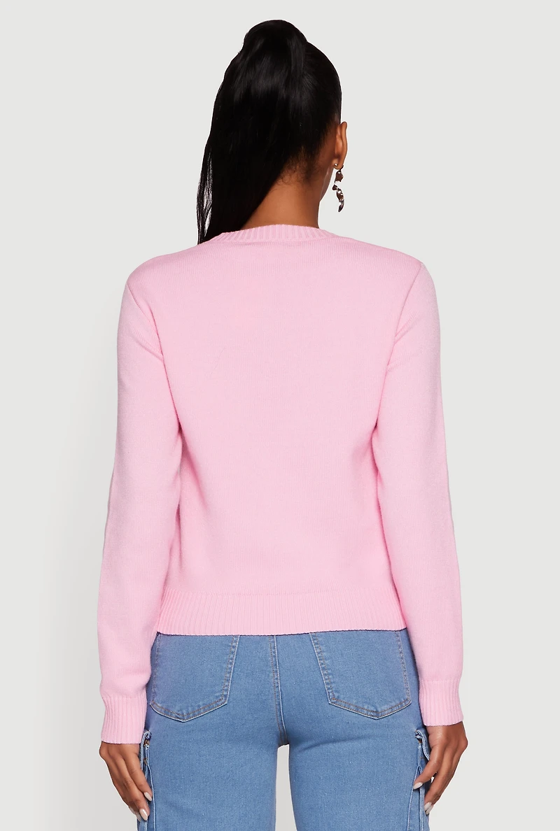 Womens Bow Graphic Long Sleeve Crew Neck Sweater, Pink,