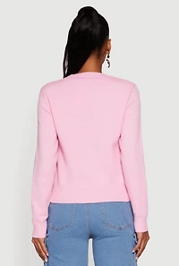 Womens Bow Graphic Long Sleeve Crew Neck Sweater, Pink,