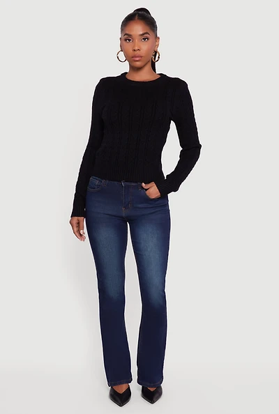 Womens Cable Knit Long Sleeve Crew Neck Sweater, Black,