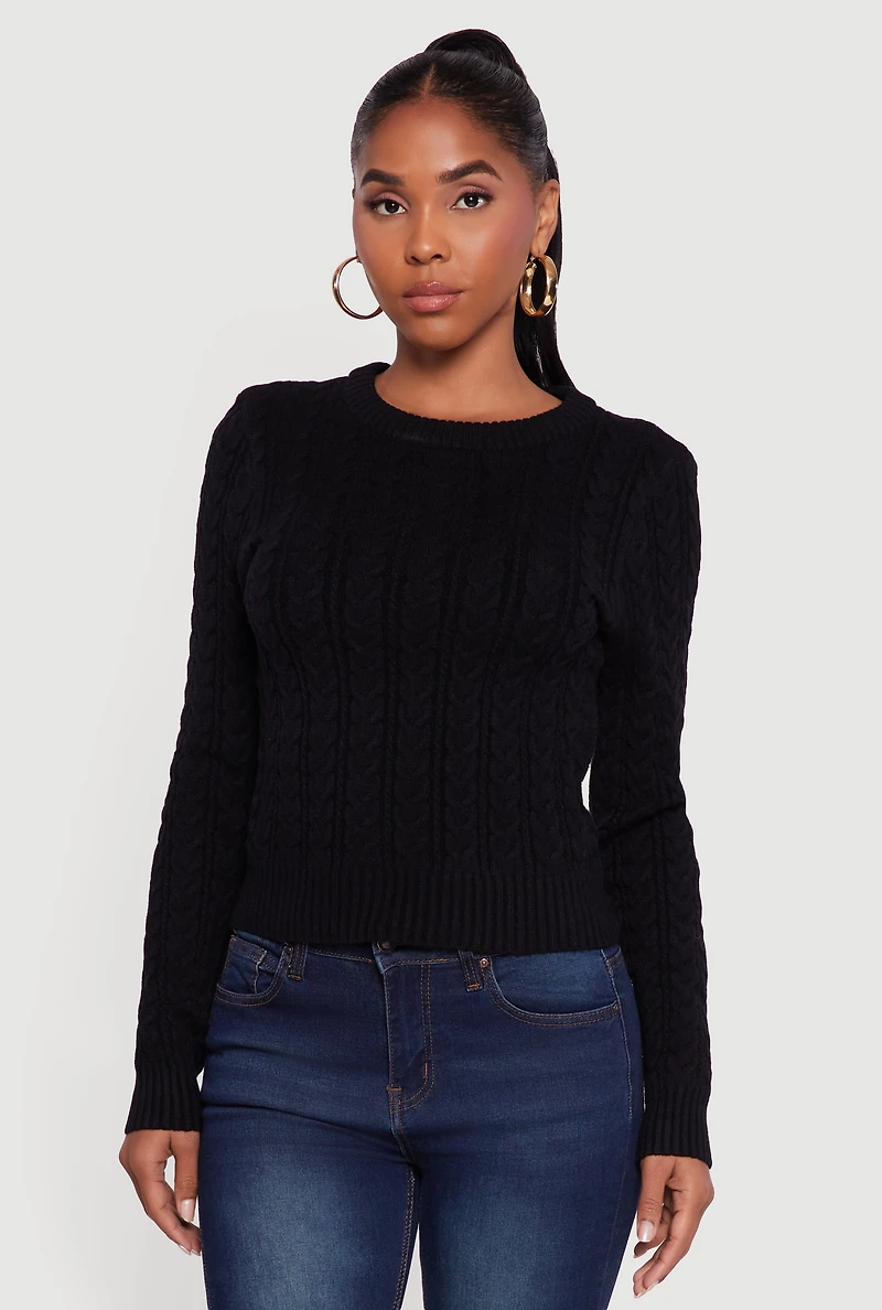 Womens Cable Knit Long Sleeve Crew Neck Sweater, Black,