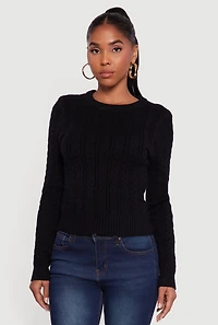 Womens Cable Knit Long Sleeve Crew Neck Sweater, Black,