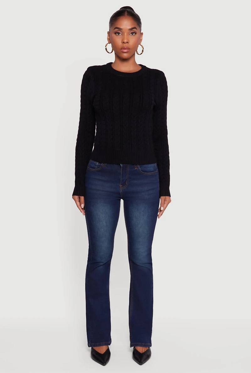 Womens Cable Knit Long Sleeve Crew Neck Sweater, Black,