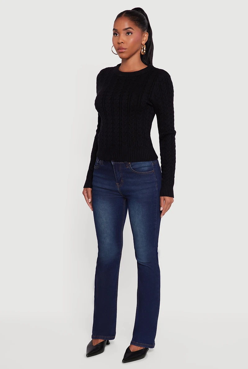 Womens Cable Knit Long Sleeve Crew Neck Sweater, Black,