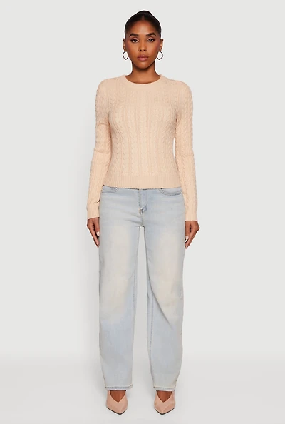 Womens Cable Knit Long Sleeve Crew Neck Sweater, Beige, Size M