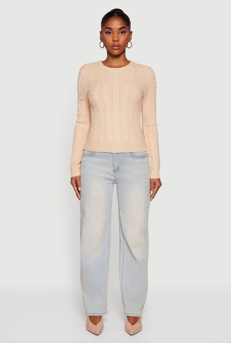 Womens Cable Knit Long Sleeve Crew Neck Sweater, Beige, Size S