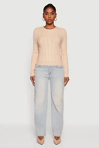 Womens Cable Knit Long Sleeve Crew Neck Sweater, Beige, Size S