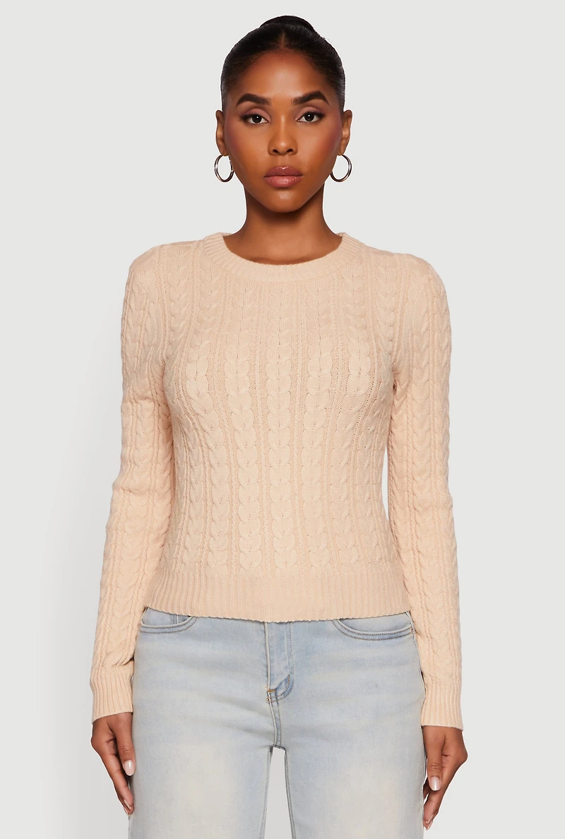 Womens Cable Knit Long Sleeve Crew Neck Sweater, Beige, Size S