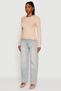 Womens Cable Knit Long Sleeve Crew Neck Sweater, Beige, Size S