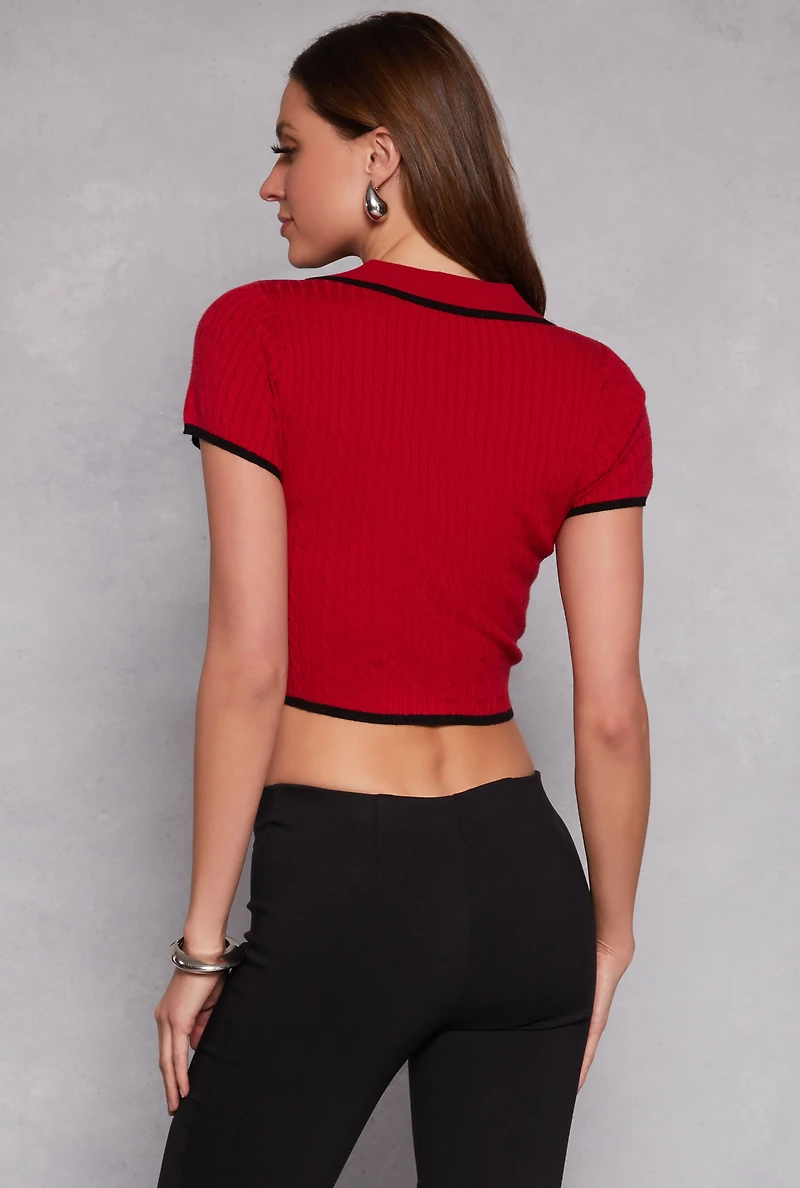 Womens Iris Contrast Trim Polo Crop Top, Red, Size L