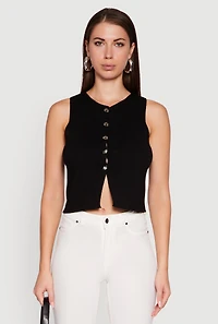 Womens Metallic Button Front Sleeveless Sweater Vest,